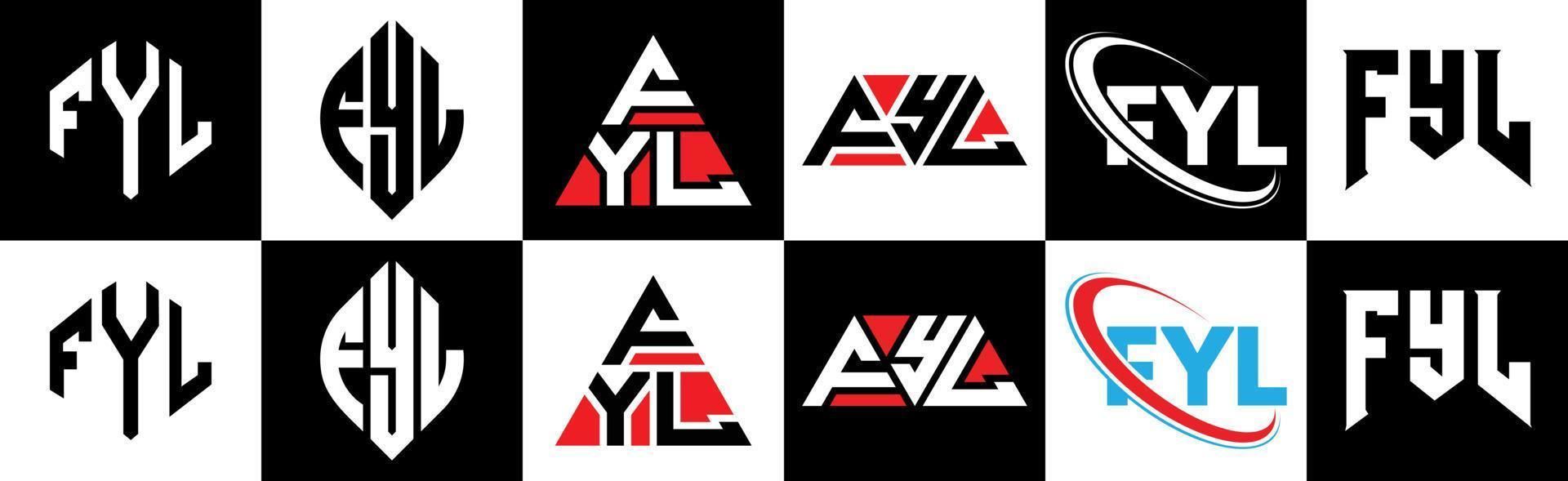 diseño de logotipo de letra fyl en seis estilos. polígono fyl, círculo, triángulo, hexágono, estilo plano y simple con logotipo de letra de variación de color blanco y negro en una mesa de trabajo. logo minimalista y clásico de fyl vector