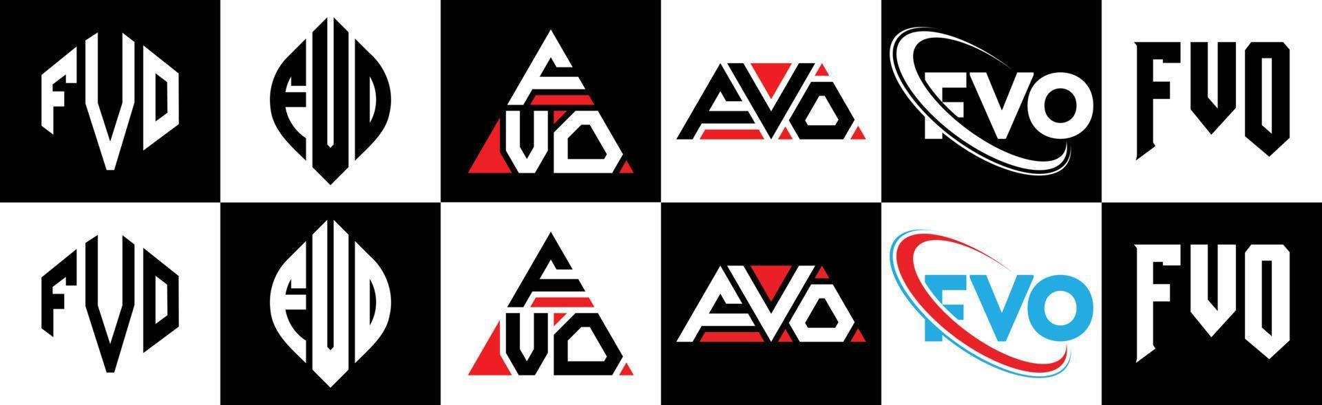 diseño de logotipo de letra fvo en seis estilos. fvo polígono, círculo, triángulo, hexágono, estilo plano y simple con logotipo de letra de variación de color blanco y negro en una mesa de trabajo. logotipo minimalista y clásico de fvo vector