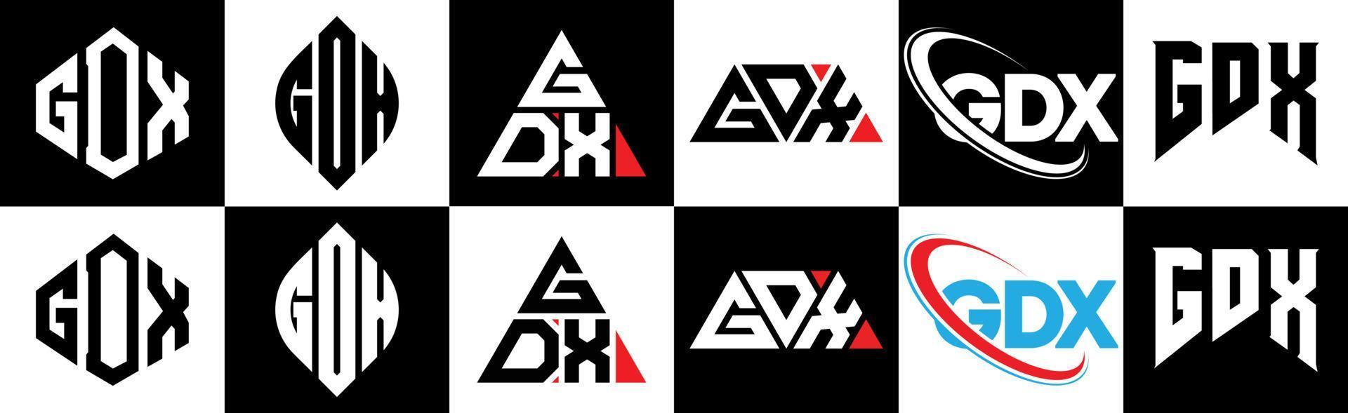Diseño de logotipo de letra gdx en seis estilos. polígono gdx, círculo, triángulo, hexágono, estilo plano y simple con logotipo de letra de variación de color blanco y negro en una mesa de trabajo. logotipo minimalista y clásico de gdx vector