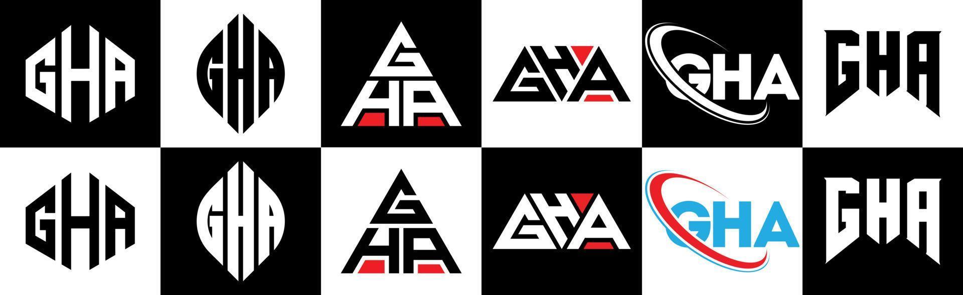 diseño de logotipo de letra gha en seis estilos. gha polígono, círculo, triángulo, hexágono, estilo plano y simple con logotipo de letra de variación de color blanco y negro en una mesa de trabajo. logotipo minimalista y clásico de gha vector