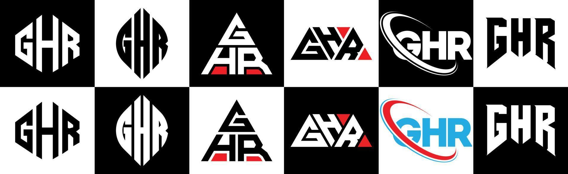 diseño de logotipo de letra ghr en seis estilos. polígono ghr, círculo, triángulo, hexágono, estilo plano y simple con logotipo de letra de variación de color blanco y negro en una mesa de trabajo. logotipo minimalista y clásico de ghr vector