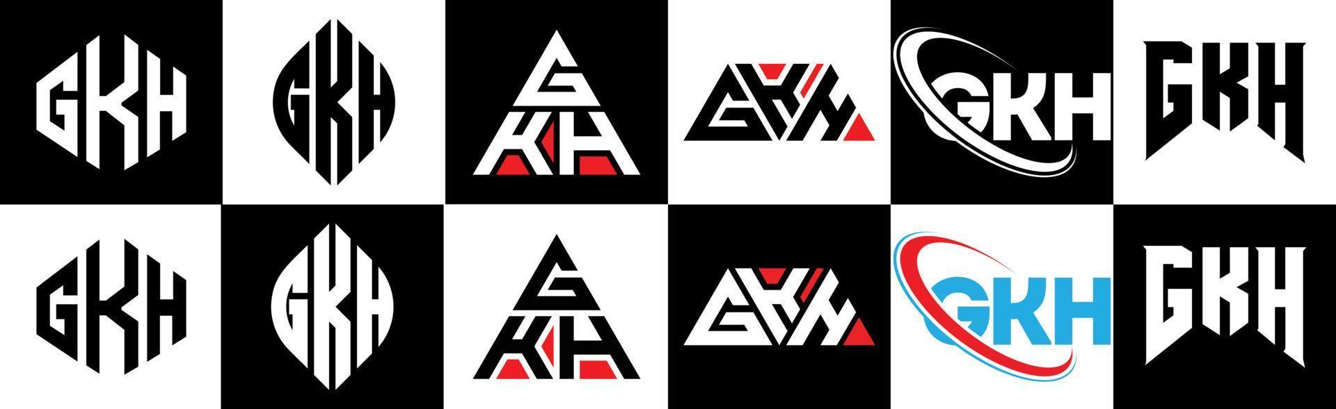 diseño de logotipo de letra gkh en seis estilos. polígono gkh, círculo, triángulo, hexágono, estilo plano y simple con logotipo de letra de variación de color blanco y negro en una mesa de trabajo. logotipo minimalista y clásico de gkh vector