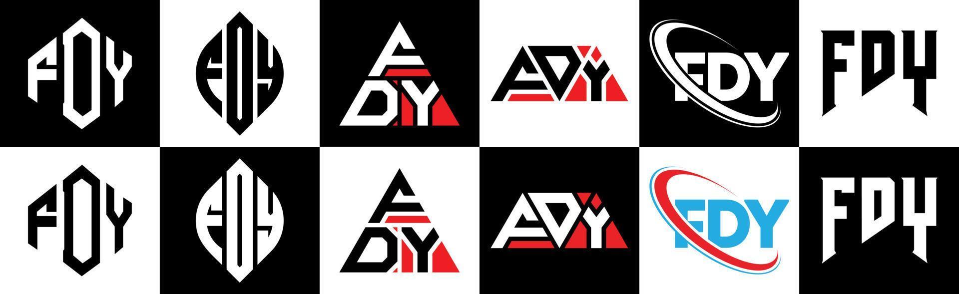 diseño de logotipo de letra fdy en seis estilos. fdy polígono, círculo, triángulo, hexágono, estilo plano y simple con logotipo de letra de variación de color blanco y negro en una mesa de trabajo. logotipo minimalista y clásico de fdy vector