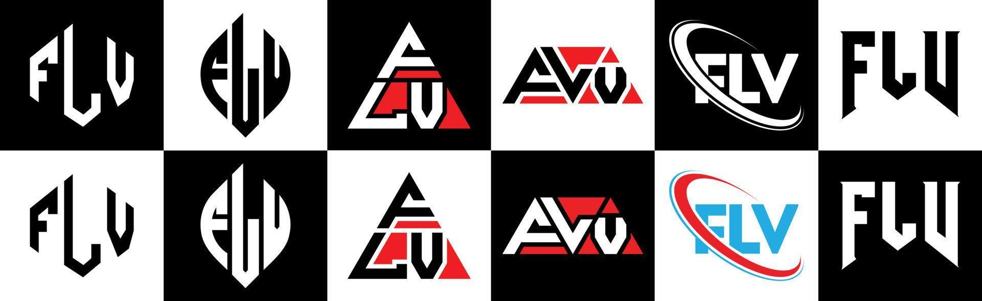 FLV letter logo design in six style. FLV polygon, circle, triangle, hexagon, flat and simple style with black and white color variation letter logo set in one artboard. FLV minimalist and classic logo vector