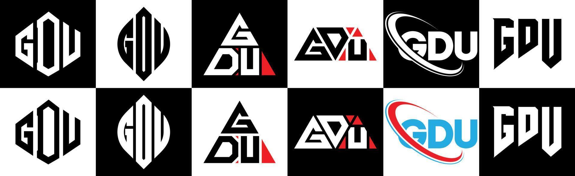 Diseño de logotipo de letra gdu en seis estilos. gdu polígono, círculo, triángulo, hexágono, estilo plano y simple con logotipo de letra de variación de color blanco y negro en una mesa de trabajo. logotipo minimalista y clásico de gdu vector