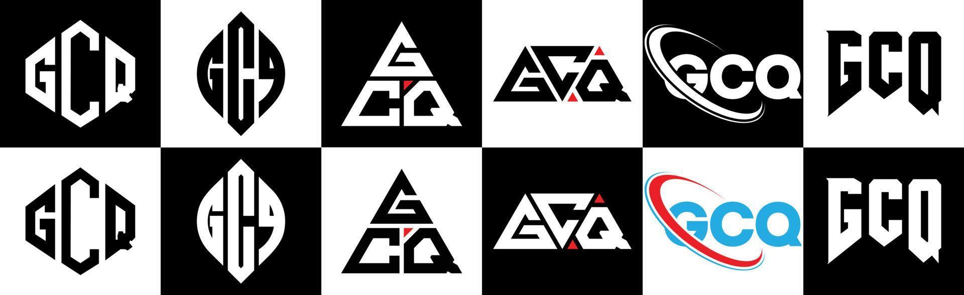 Diseño de logotipo de letra gcq en seis estilos. gcq polígono, círculo, triángulo, hexágono, estilo plano y simple con logotipo de letra de variación de color blanco y negro en una mesa de trabajo. logotipo minimalista y clásico de gcq vector