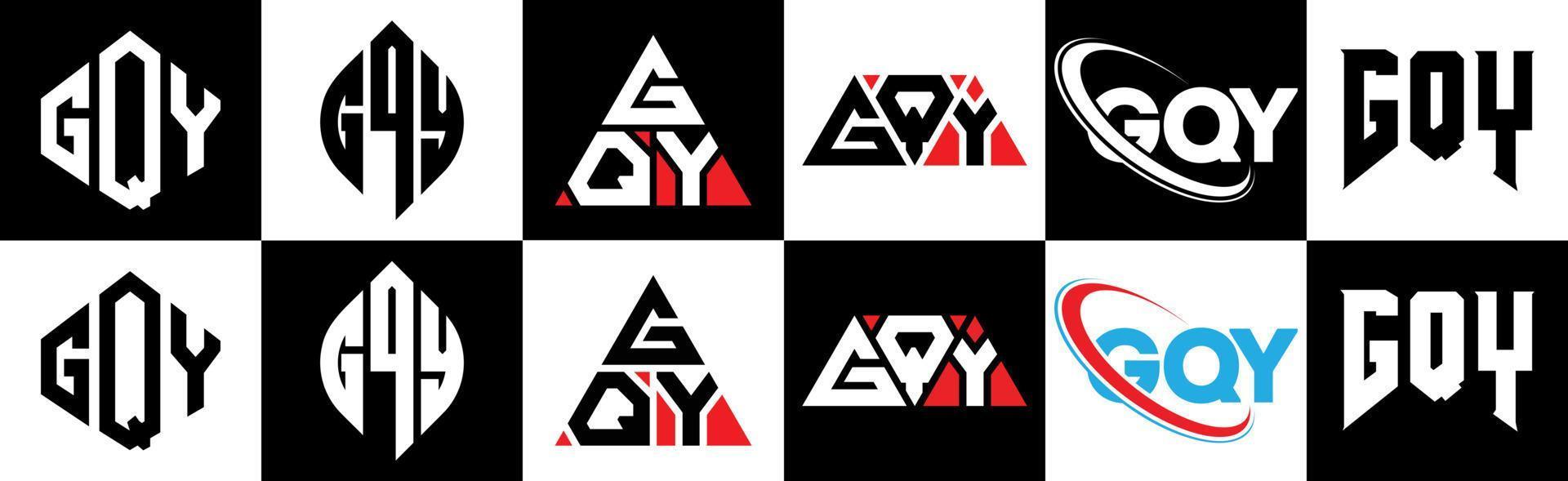 Diseño de logotipo de letra gqy en seis estilos. gqy polígono, círculo, triángulo, hexágono, estilo plano y simple con logotipo de letra de variación de color blanco y negro en una mesa de trabajo. logotipo gqy minimalista y clásico vector