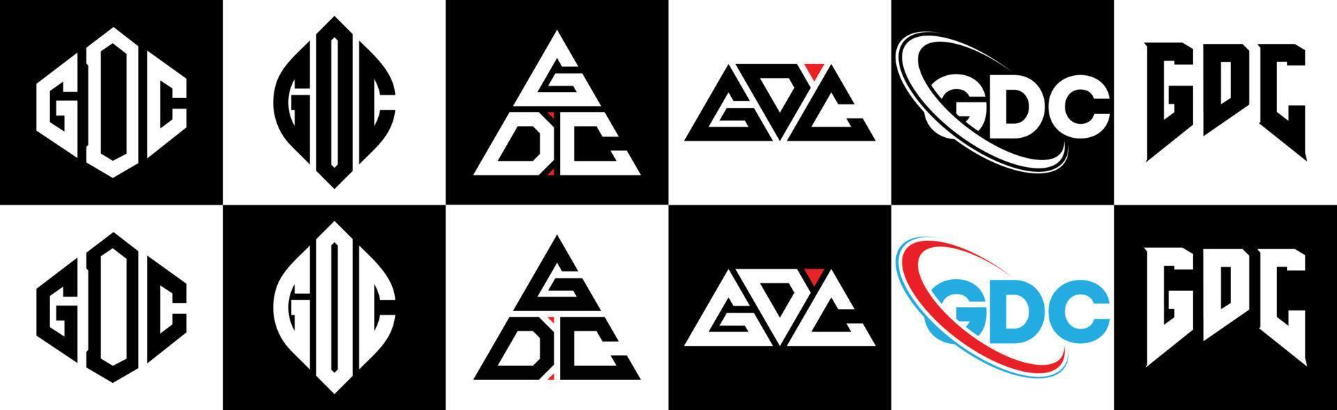 Diseño de logotipo de letra gdc en seis estilos. gdc polígono, círculo, triángulo, hexágono, estilo plano y simple con logotipo de letra de variación de color blanco y negro en una mesa de trabajo. logotipo minimalista y clásico de gdc vector