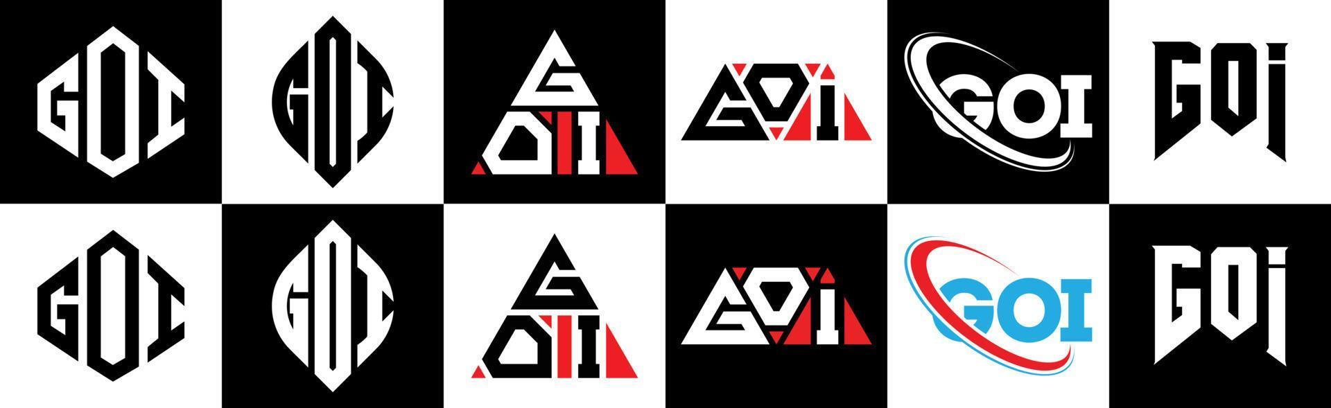 GOI letter logo design in six style. GOI polygon, circle, triangle, hexagon, flat and simple style with black and white color variation letter logo set in one artboard. GOI minimalist and classic logo vector