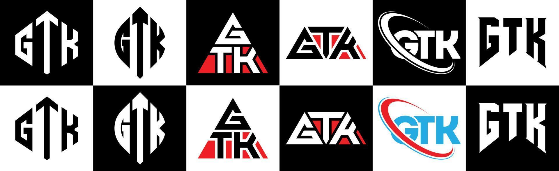 diseño de logotipo de letra gtk en seis estilos. polígono gtk, círculo, triángulo, hexágono, estilo plano y simple con logotipo de letra de variación de color blanco y negro en una mesa de trabajo. logotipo minimalista y clásico de gtk vector