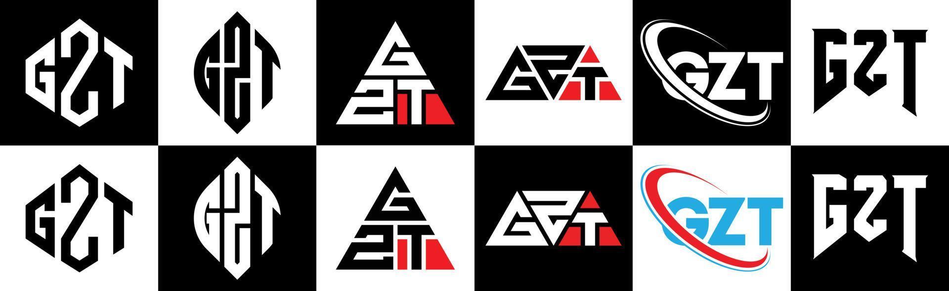 GZT letter logo design in six style. GZT polygon, circle, triangle, hexagon, flat and simple style with black and white color variation letter logo set in one artboard. GZT minimalist and classic logo vector