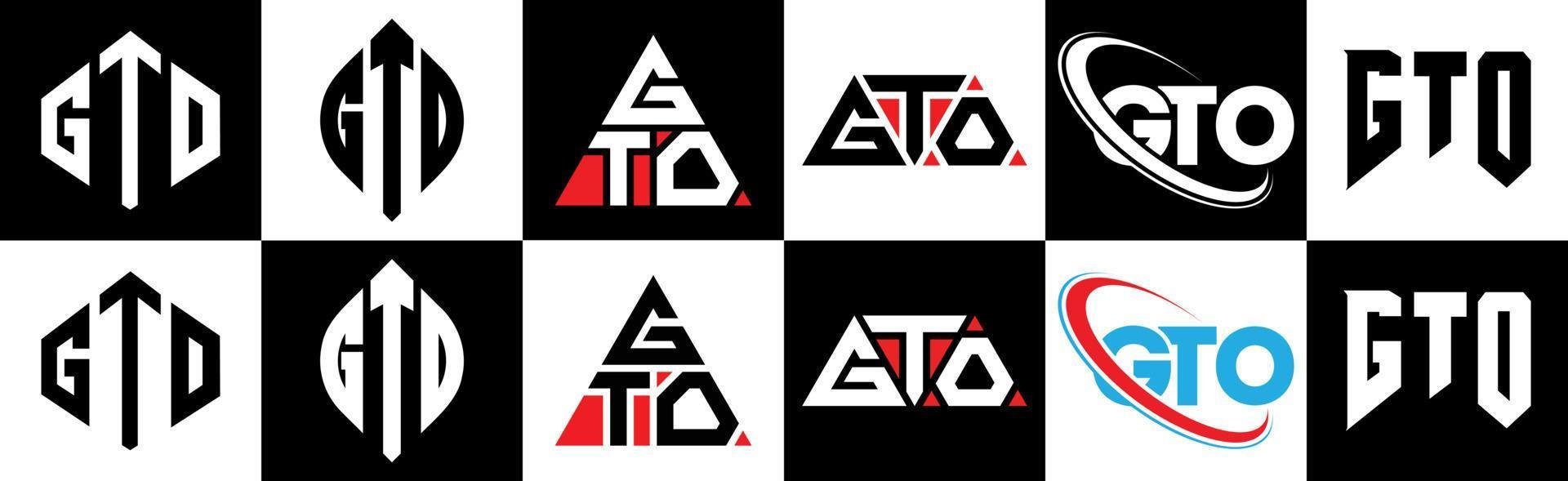 GTO letter logo design in six style. GTO polygon, circle, triangle, hexagon, flat and simple style with black and white color variation letter logo set in one artboard. GTO minimalist and classic logo vector
