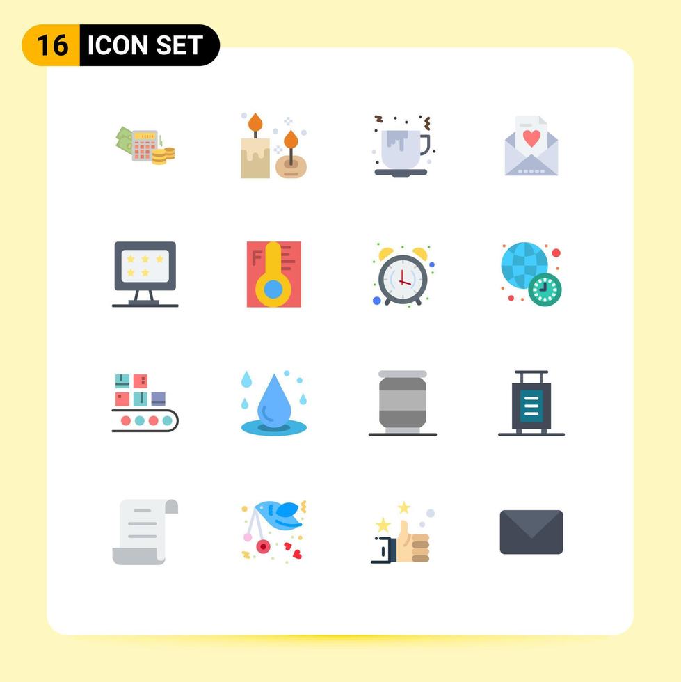 paquete de color plano de 16 símbolos universales de monitor mamá lámpara amor comida paquete editable de elementos creativos de diseño de vectores