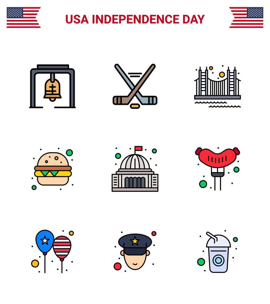 Big Pack of 9 USA Happy Independence Day USA Vector Flat Filled Lines and Editable Symbols of place fast food bridge burger tourism Editable USA Day Vector Design Elements