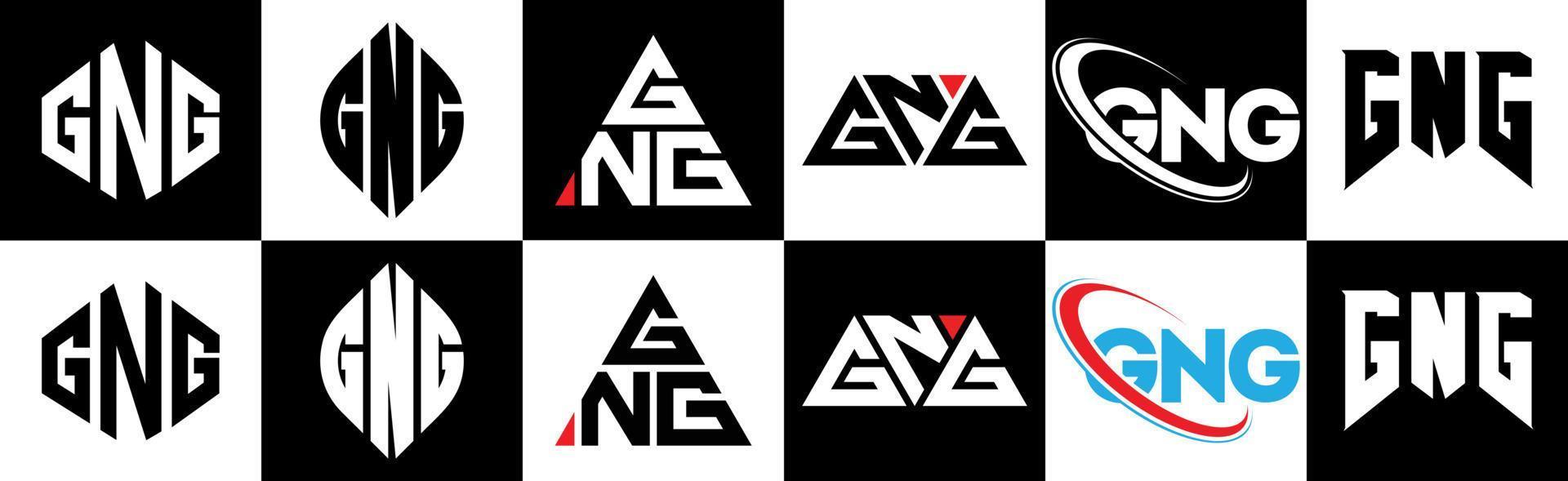 GNG letter logo design in six style. GNG polygon, circle, triangle, hexagon, flat and simple style with black and white color variation letter logo set in one artboard. GNG minimalist and classic logo vector