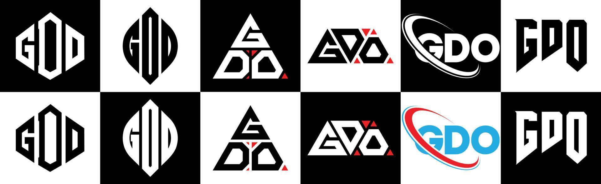 Diseño de logotipo de letra gdo en seis estilos. gdo polígono, círculo, triángulo, hexágono, estilo plano y simple con logotipo de letra de variación de color blanco y negro en una mesa de trabajo. logotipo minimalista y clásico de gdo vector