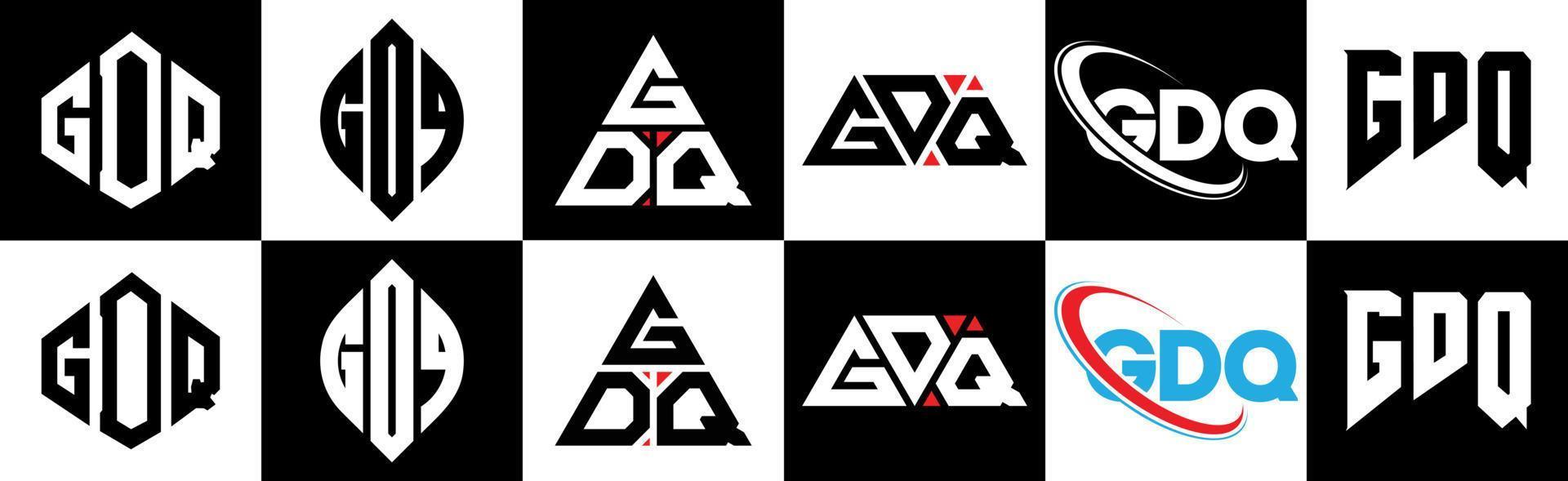 Diseño de logotipo de letra gdq en seis estilos. gdq polígono, círculo, triángulo, hexágono, estilo plano y simple con logotipo de letra de variación de color blanco y negro en una mesa de trabajo. logotipo minimalista y clásico de gdq vector