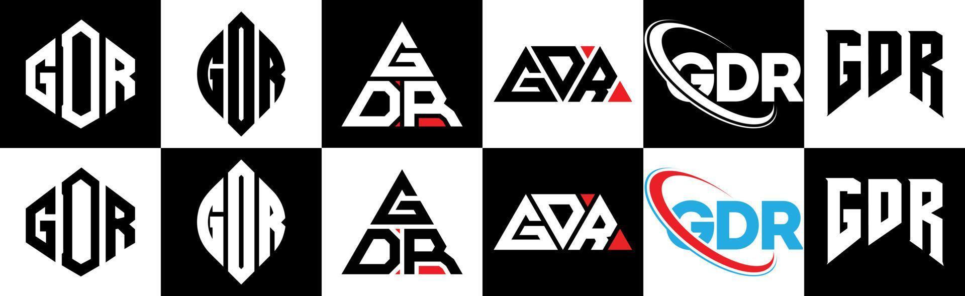GDR letter logo design in six style. GDR polygon, circle, triangle, hexagon, flat and simple style with black and white color variation letter logo set in one artboard. GDR minimalist and classic logo vector