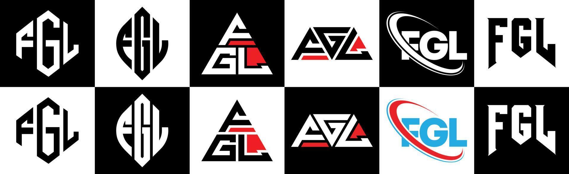 diseño de logotipo de letra fgl en seis estilos. fgl polígono, círculo, triángulo, hexágono, estilo plano y simple con logotipo de letra de variación de color blanco y negro en una mesa de trabajo. logotipo minimalista y clásico de fgl vector