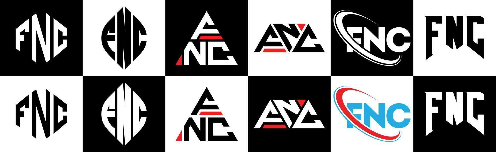 diseño de logotipo de letra fnc en seis estilos. fnc polígono, círculo, triángulo, hexágono, estilo plano y simple con logotipo de letra de variación de color blanco y negro en una mesa de trabajo. logotipo minimalista y clásico de fnc vector