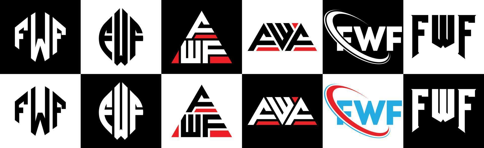 diseño de logotipo de letra fwf en seis estilos. fwf polígono, círculo, triángulo, hexágono, estilo plano y simple con logotipo de letra de variación de color blanco y negro en una mesa de trabajo. logotipo minimalista y clásico de fwf vector