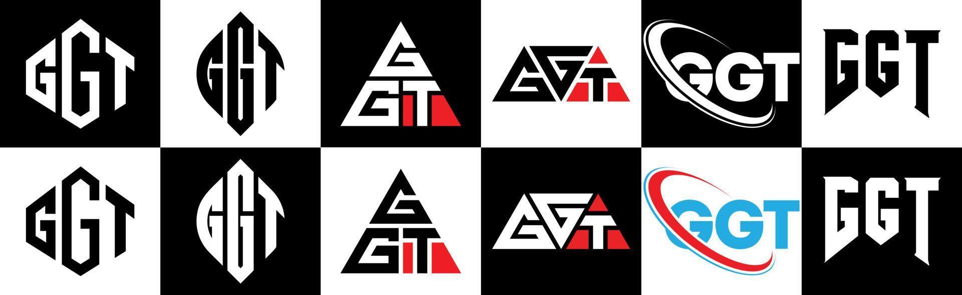 GGT letter logo design in six style. GGT polygon, circle, triangle, hexagon, flat and simple style with black and white color variation letter logo set in one artboard. GGT minimalist and classic logo vector