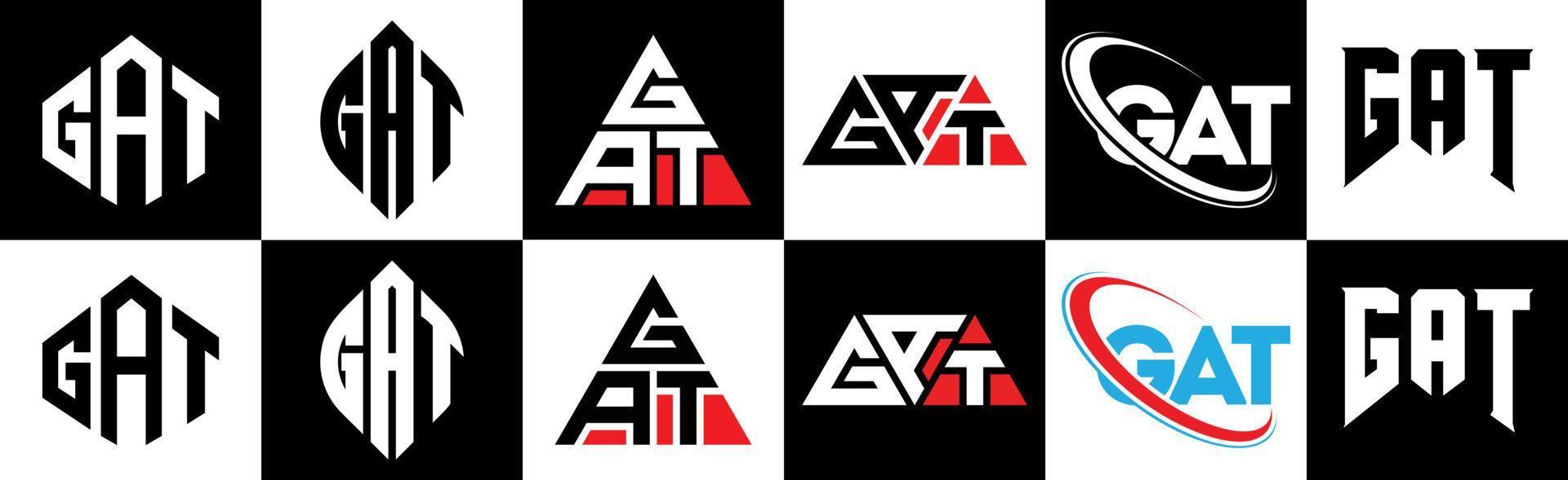 diseño de logotipo de letra gat en seis estilos. gat polígono, círculo, triángulo, hexágono, estilo plano y simple con logotipo de letra de variación de color blanco y negro en una mesa de trabajo. logotipo minimalista y clásico de gat vector