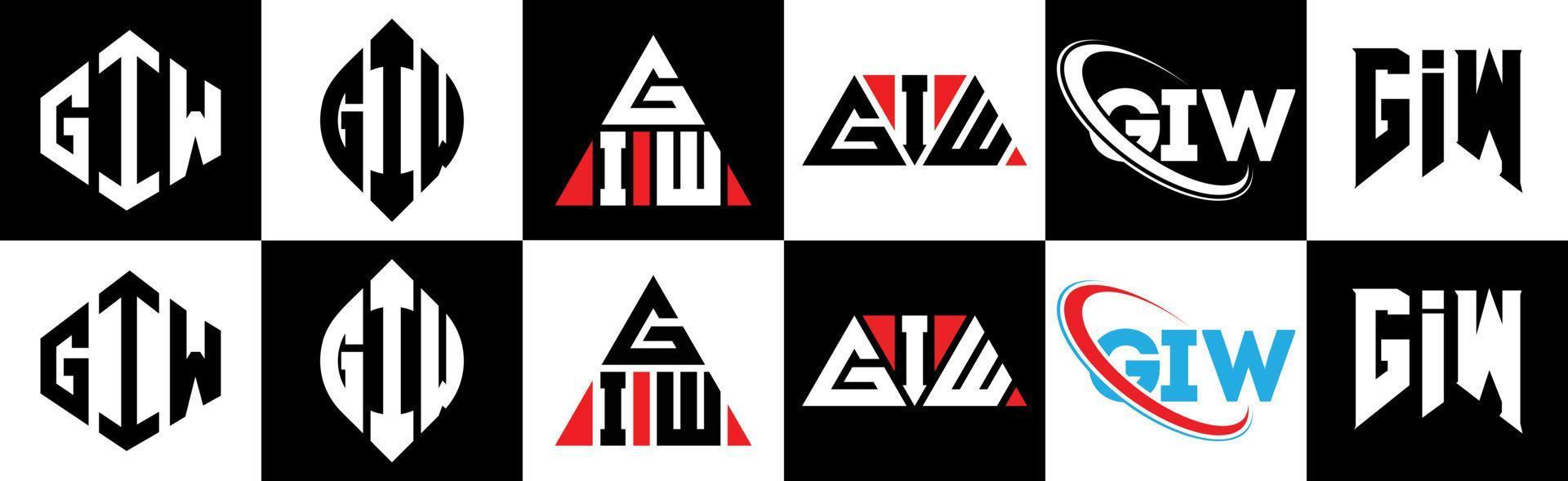 diseño de logotipo de letra giw en seis estilos. giw polígono, círculo, triángulo, hexágono, estilo plano y simple con logotipo de letra de variación de color blanco y negro en una mesa de trabajo. logotipo minimalista y clásico de giw vector