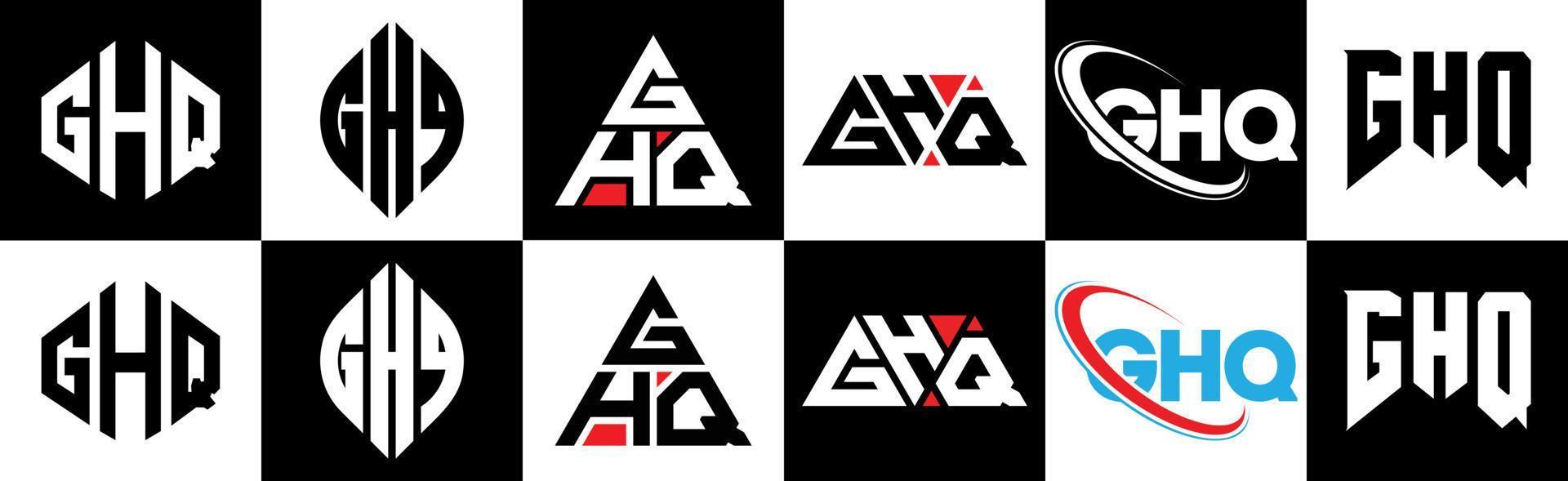 GHQ letter logo design in six style. GHQ polygon, circle, triangle, hexagon, flat and simple style with black and white color variation letter logo set in one artboard. GHQ minimalist and classic logo vector