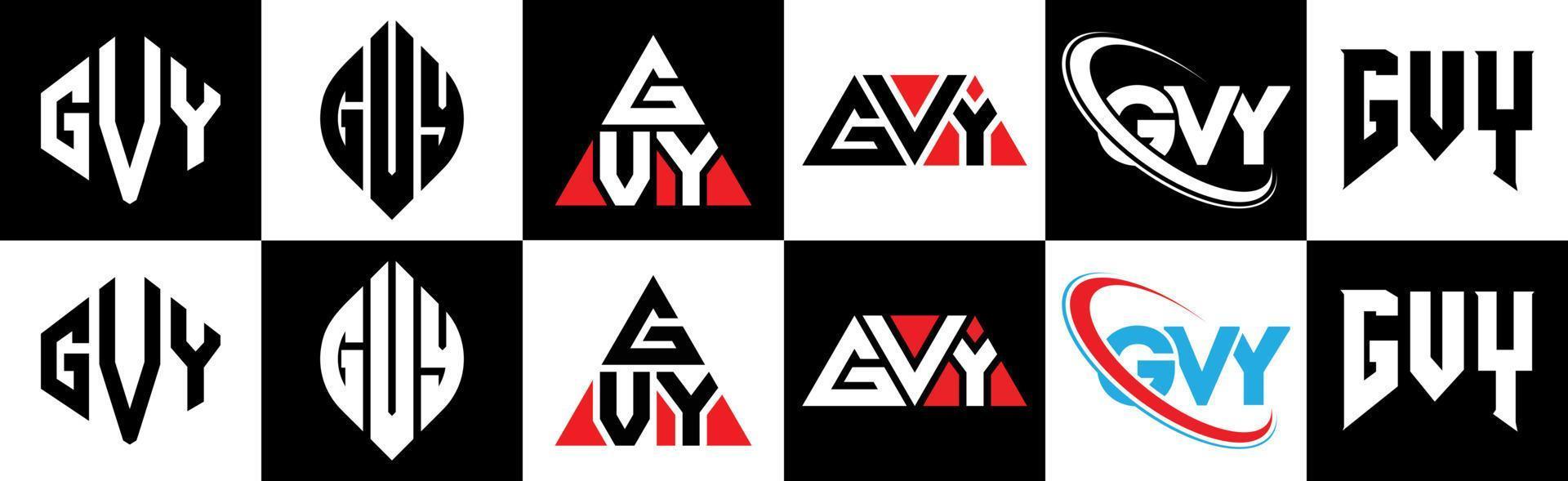 diseño de logotipo de letra gvy en seis estilos. gvy polígono, círculo, triángulo, hexágono, estilo plano y simple con logotipo de letra de variación de color blanco y negro en una mesa de trabajo. logotipo gvy minimalista y clásico vector