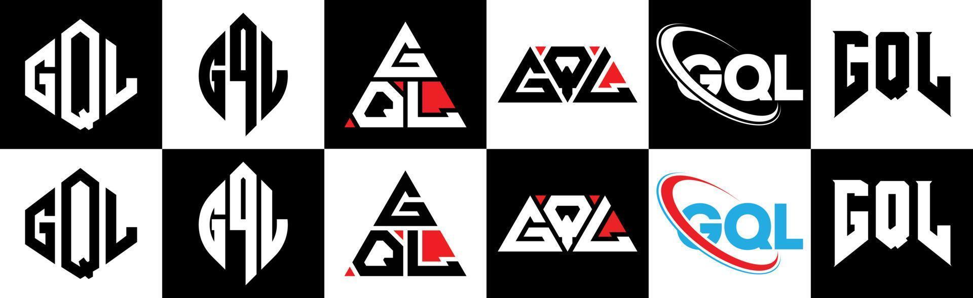 Diseño de logotipo de letra gql en seis estilos. polígono gql, círculo, triángulo, hexágono, estilo plano y simple con logotipo de letra de variación de color blanco y negro en una mesa de trabajo. logotipo minimalista y clásico de gql vector