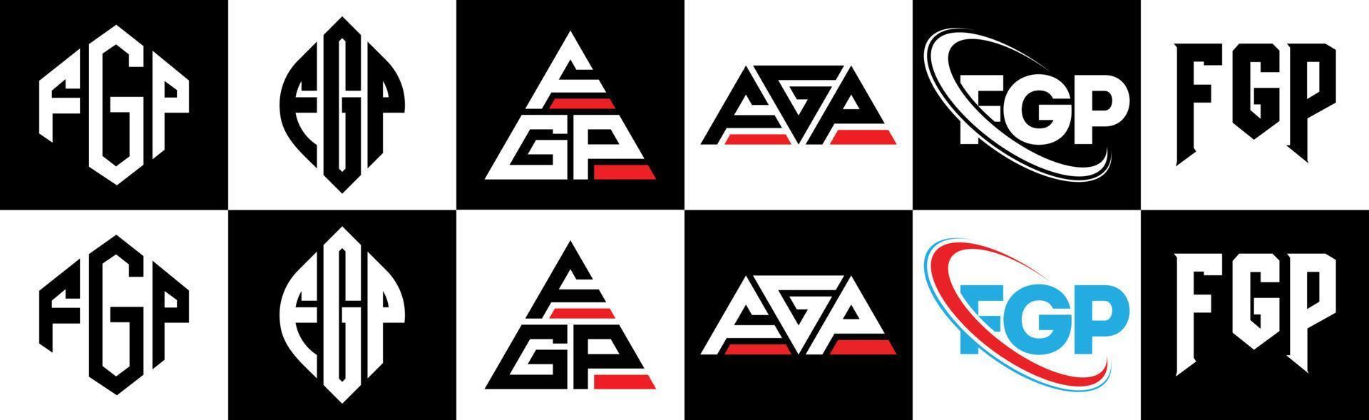 diseño de logotipo de letra fgp en seis estilos. polígono fgp, círculo, triángulo, hexágono, estilo plano y simple con logotipo de letra de variación de color blanco y negro en una mesa de trabajo. logotipo minimalista y clásico de fgp vector