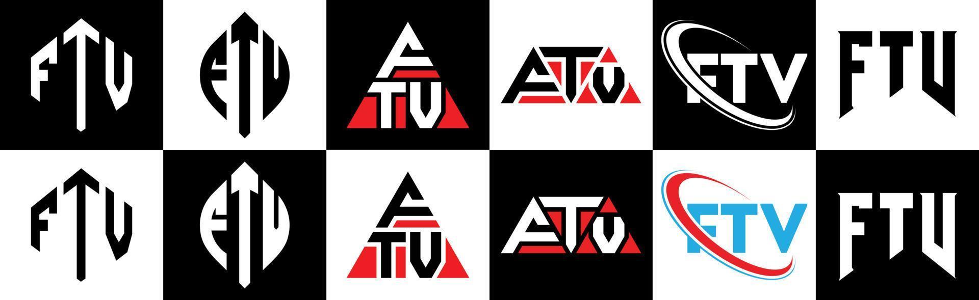 diseño de logotipo de letra ftv en seis estilos. ftv polígono, círculo, triángulo, hexágono, estilo plano y simple con logotipo de letra de variación de color blanco y negro en una mesa de trabajo. logotipo minimalista y clásico de ftv vector