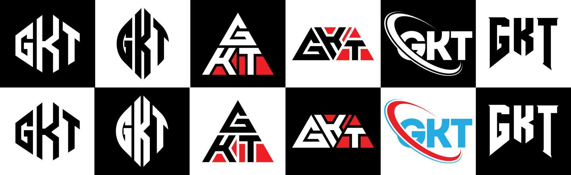 diseño de logotipo de letra gkt en seis estilos. gkt polígono, círculo, triángulo, hexágono, estilo plano y simple con logotipo de letra de variación de color blanco y negro en una mesa de trabajo. logotipo minimalista y clásico de gkt vector