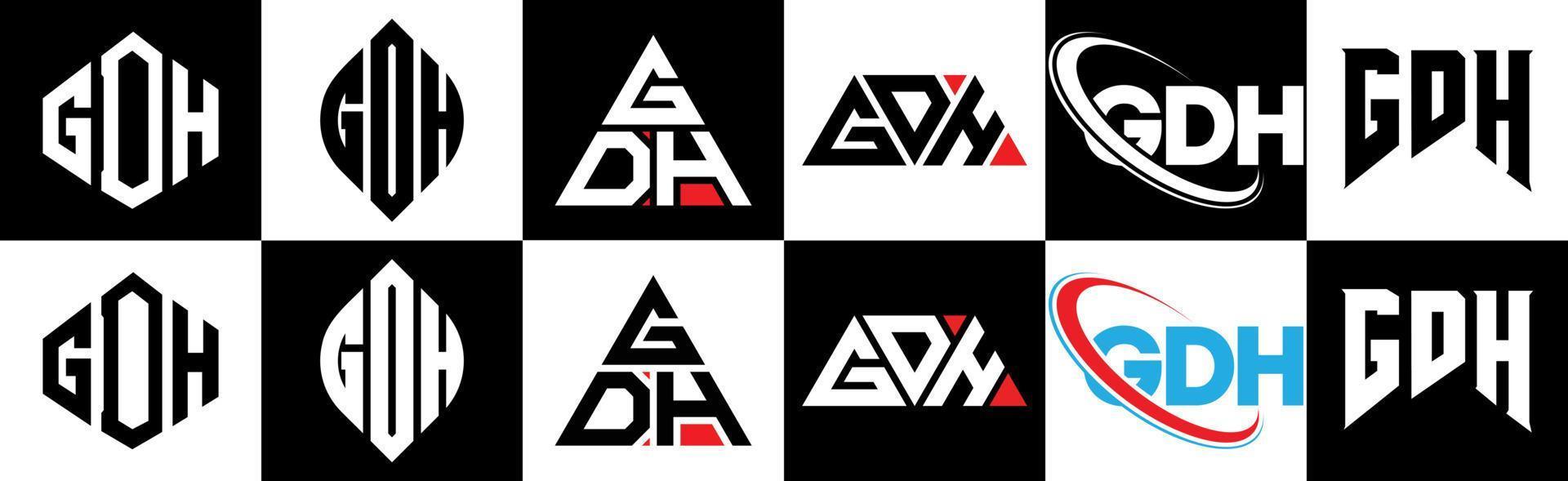 diseño de logotipo de letra gdh en seis estilos. gdh polígono, círculo, triángulo, hexágono, estilo plano y simple con logotipo de letra de variación de color blanco y negro en una mesa de trabajo. logotipo minimalista y clásico de gdh vector