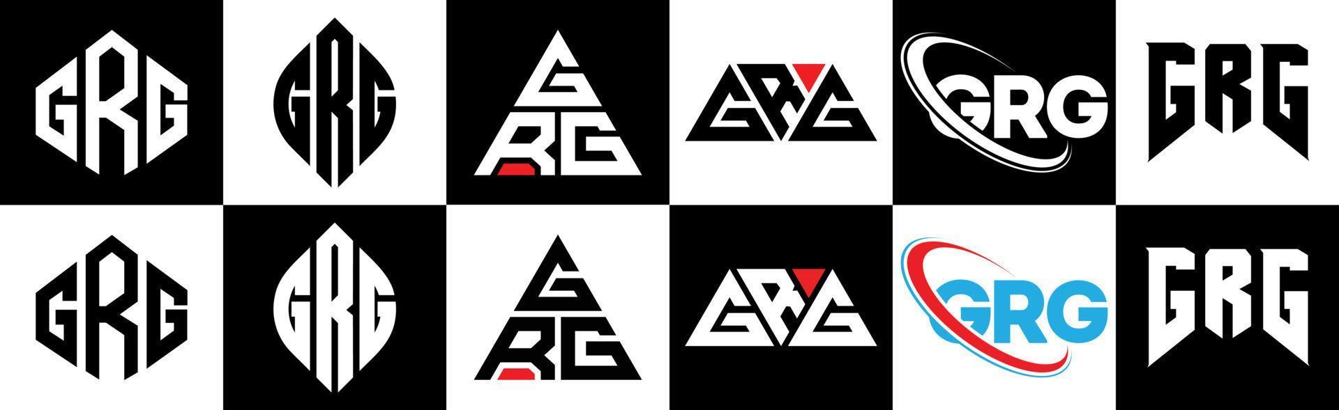 diseño de logotipo de letra grg en seis estilos. grg polígono, círculo, triángulo, hexágono, estilo plano y simple con logotipo de letra de variación de color blanco y negro en una mesa de trabajo. logotipo minimalista y clásico grg vector