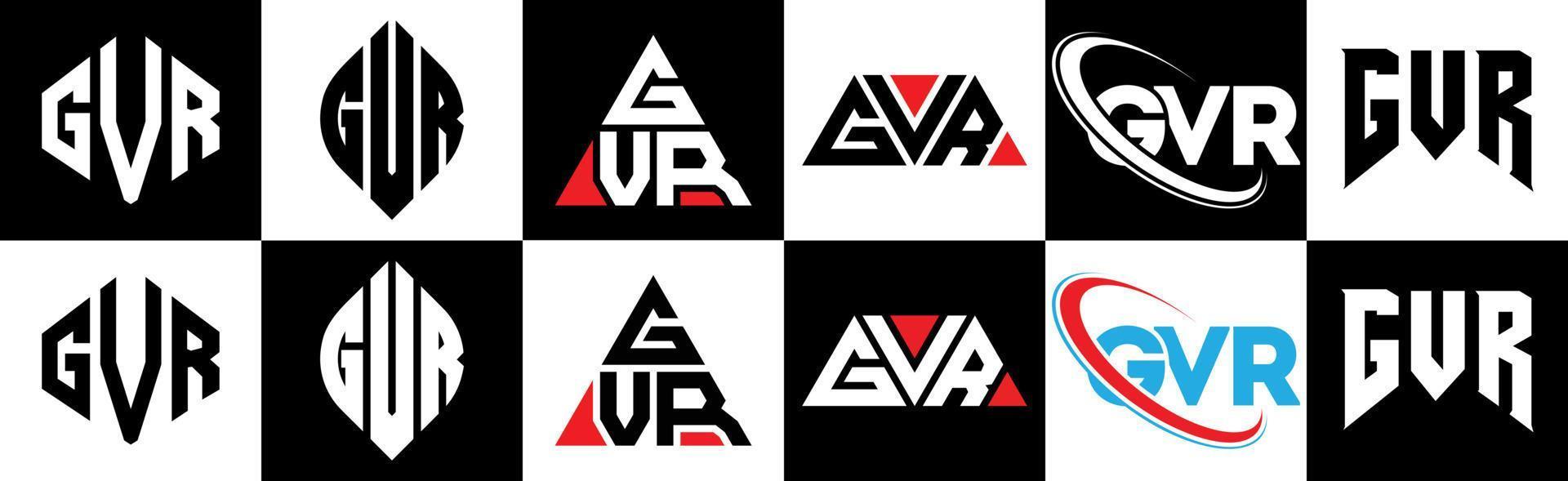 Diseño de logotipo de letra gvr en seis estilos. gvr polígono, círculo, triángulo, hexágono, estilo plano y simple con logotipo de letra de variación de color blanco y negro en una mesa de trabajo. logotipo minimalista y clásico de gvr vector