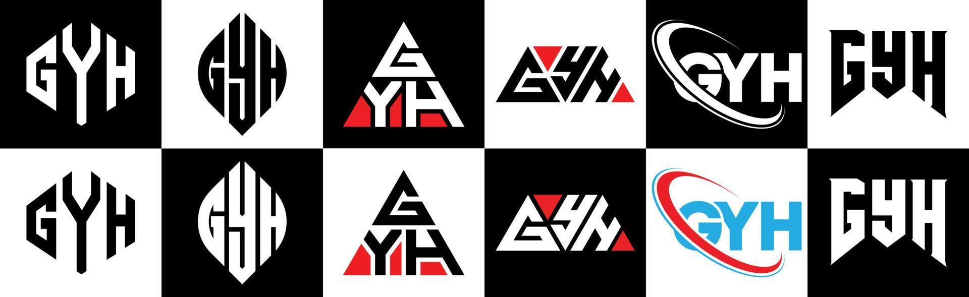 diseño de logotipo de letra gyh en seis estilos. polígono gyh, círculo, triángulo, hexágono, estilo plano y simple con logotipo de letra de variación de color blanco y negro en una mesa de trabajo. logotipo minimalista y clásico de gyh vector