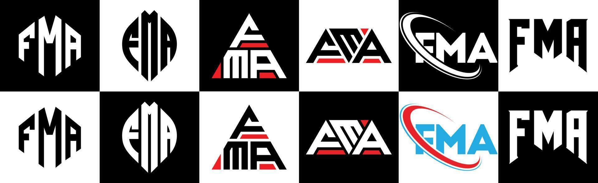 diseño de logotipo de letra fma en seis estilos. fma polígono, círculo, triángulo, hexágono, estilo plano y simple con logotipo de letra de variación de color blanco y negro en una mesa de trabajo. logotipo minimalista y clásico de fma vector