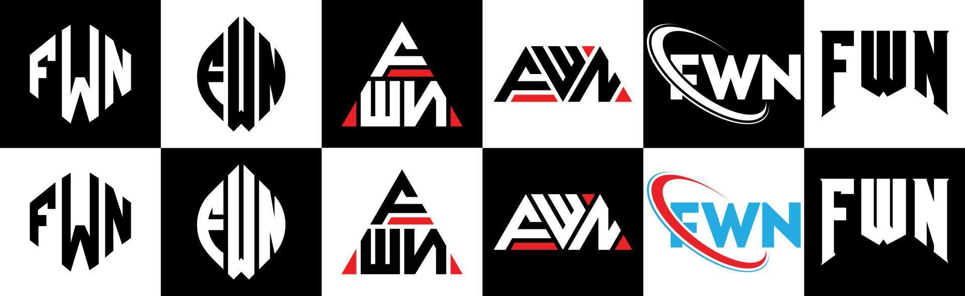 FWN letter logo design in six style. FWN polygon, circle, triangle, hexagon, flat and simple style with black and white color variation letter logo set in one artboard. FWN minimalist and classic logo vector