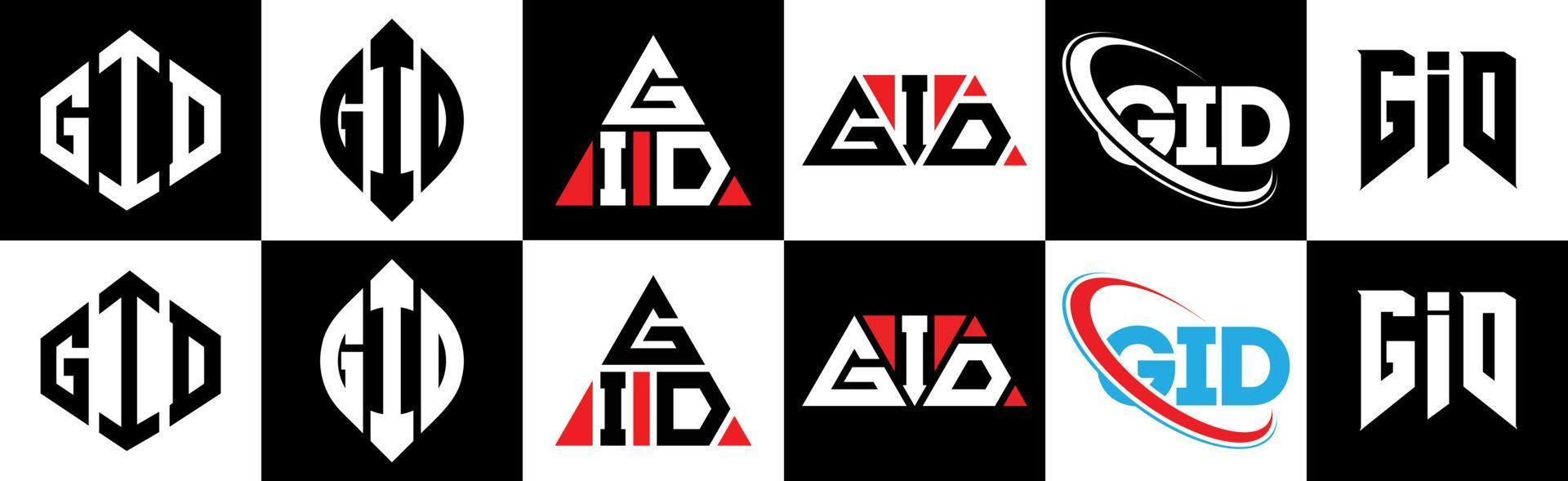 GID letter logo design in six style. GID polygon, circle, triangle, hexagon, flat and simple style with black and white color variation letter logo set in one artboard. GID minimalist and classic logo vector
