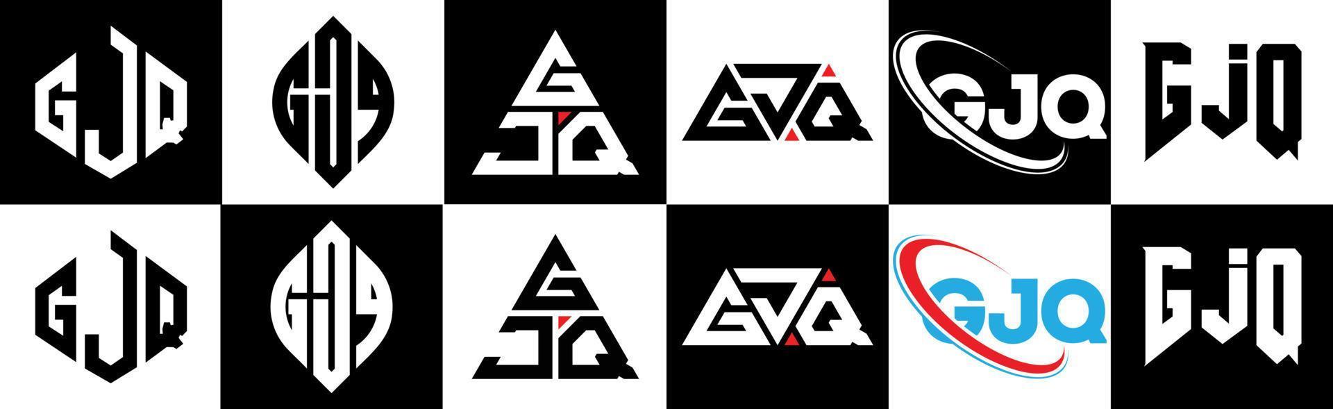 Diseño de logotipo de letra gjq en seis estilos. gjq polígono, círculo, triángulo, hexágono, estilo plano y simple con logotipo de letra de variación de color blanco y negro en una mesa de trabajo. gjq logotipo minimalista y clásico vector