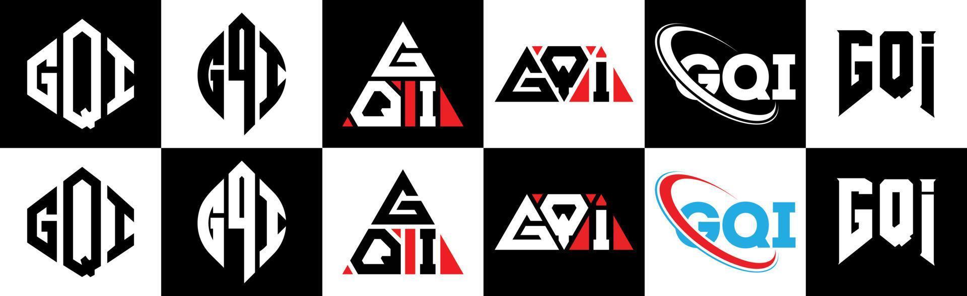 GQI letter logo design in six style. GQI polygon, circle, triangle, hexagon, flat and simple style with black and white color variation letter logo set in one artboard. GQI minimalist and classic logo vector