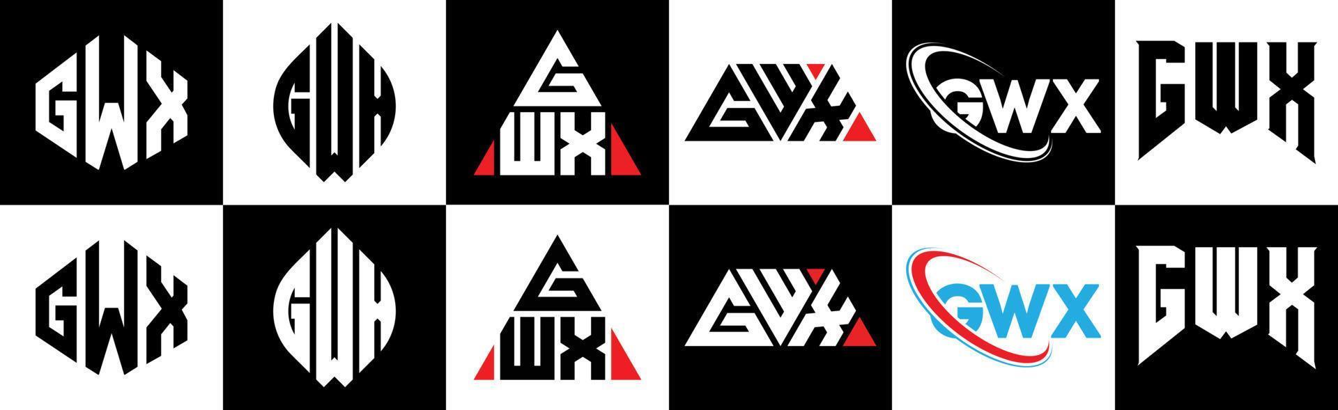 GWX letter logo design in six style. GWX polygon, circle, triangle, hexagon, flat and simple style with black and white color variation letter logo set in one artboard. GWX minimalist and classic logo vector