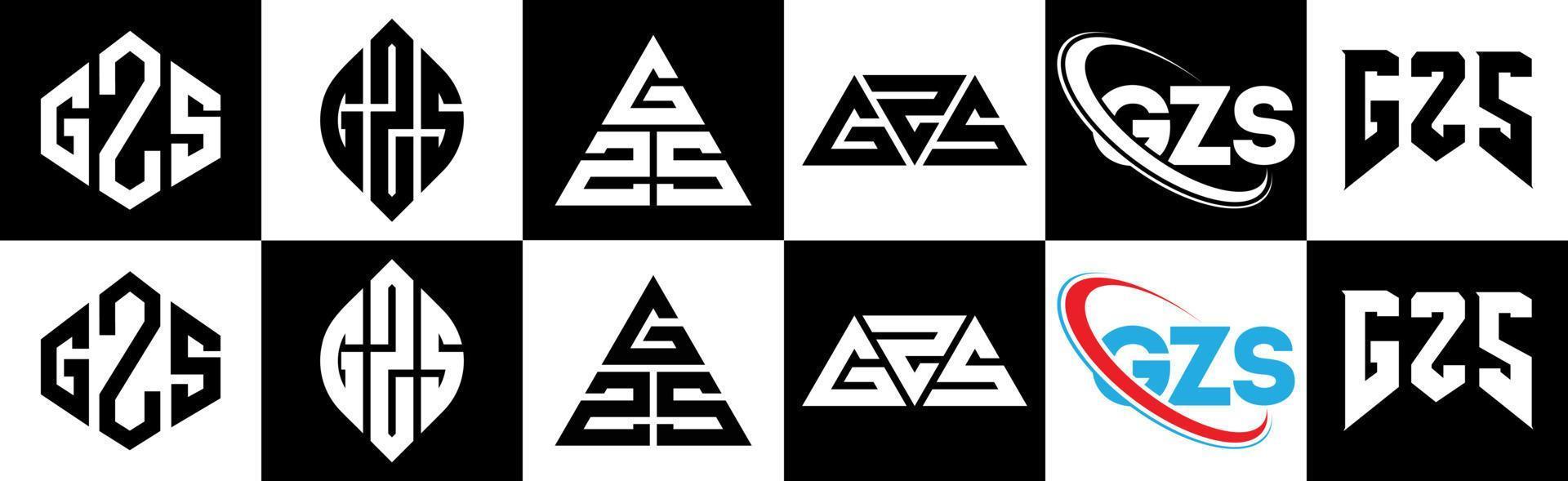 Diseño de logotipo de letra gzs en seis estilos. gzs polígono, círculo, triángulo, hexágono, estilo plano y simple con logotipo de letra de variación de color blanco y negro en una mesa de trabajo. logotipo minimalista y clásico de gzs vector