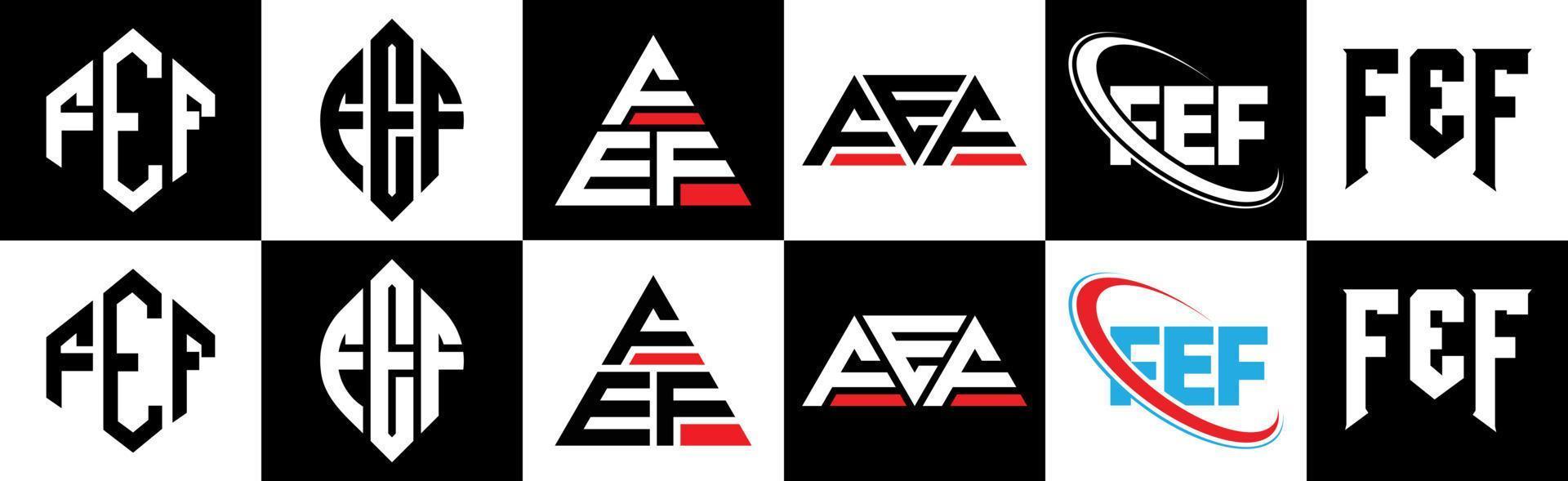 diseño de logotipo de letra fef en seis estilos. fef polígono, círculo, triángulo, hexágono, estilo plano y simple con logotipo de letra de variación de color blanco y negro en una mesa de trabajo. logotipo minimalista y clásico de fef vector