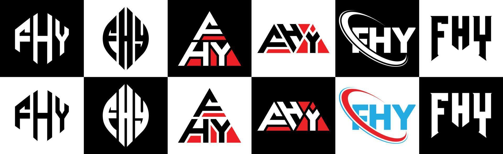 diseño de logotipo de letra fhy en seis estilos. fhy polígono, círculo, triángulo, hexágono, estilo plano y simple con logotipo de letra de variación de color blanco y negro en una mesa de trabajo. fhy logotipo minimalista y clásico vector