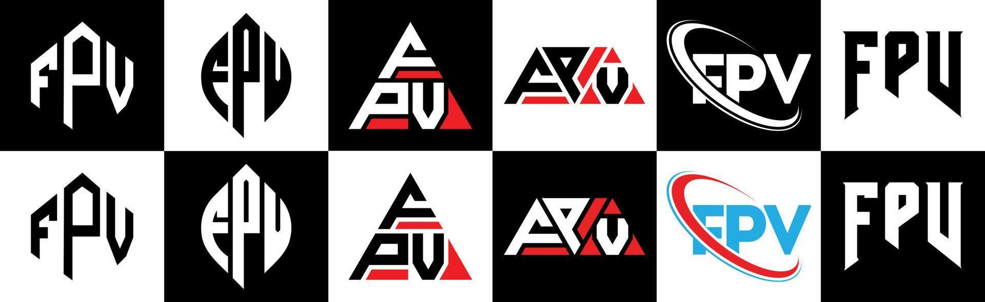 diseño de logotipo de letra fpv en seis estilos. polígono fpv, círculo, triángulo, hexágono, estilo plano y simple con logotipo de letra de variación de color blanco y negro en una mesa de trabajo. logotipo minimalista y clásico de fpv vector