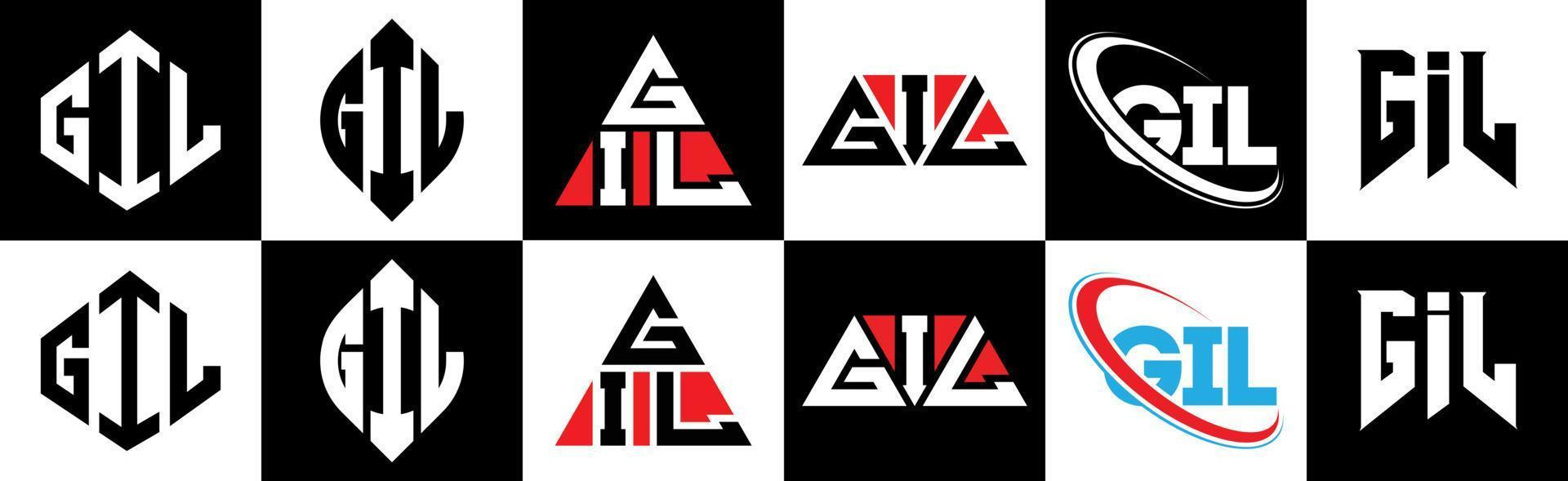 GIL letter logo design in six style. GIL polygon, circle, triangle, hexagon, flat and simple style with black and white color variation letter logo set in one artboard. GIL minimalist and classic logo vector