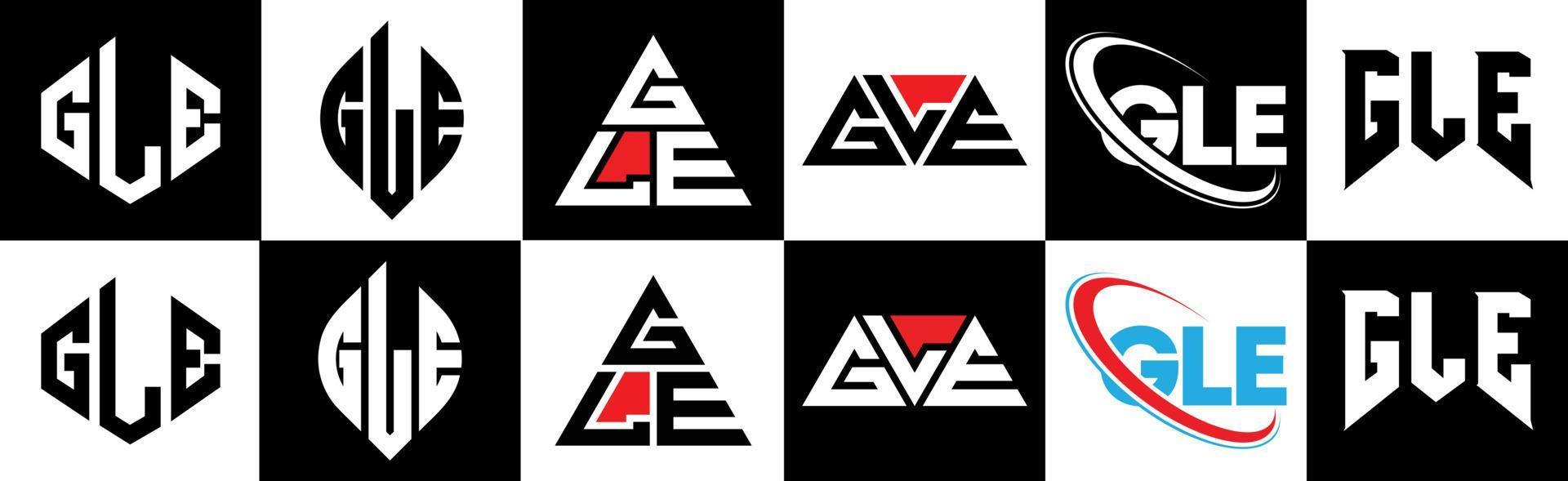 GLE letter logo design in six style. GLE polygon, circle, triangle, hexagon, flat and simple style with black and white color variation letter logo set in one artboard. GLE minimalist and classic logo vector